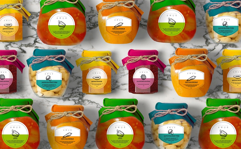 罐裝食品插畫包裝設(shè)計-覆盆子果醬,瓜果醬,腌制蘑菇,蔬菜魚子醬和檸檬汁