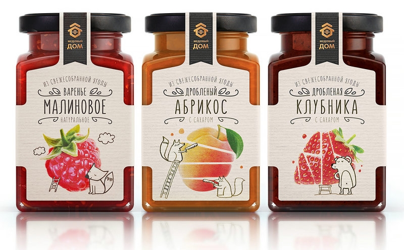 漿果包裝設(shè)計,活潑的動物特性,收獲的果醬,有益的切碎的漿果與糖