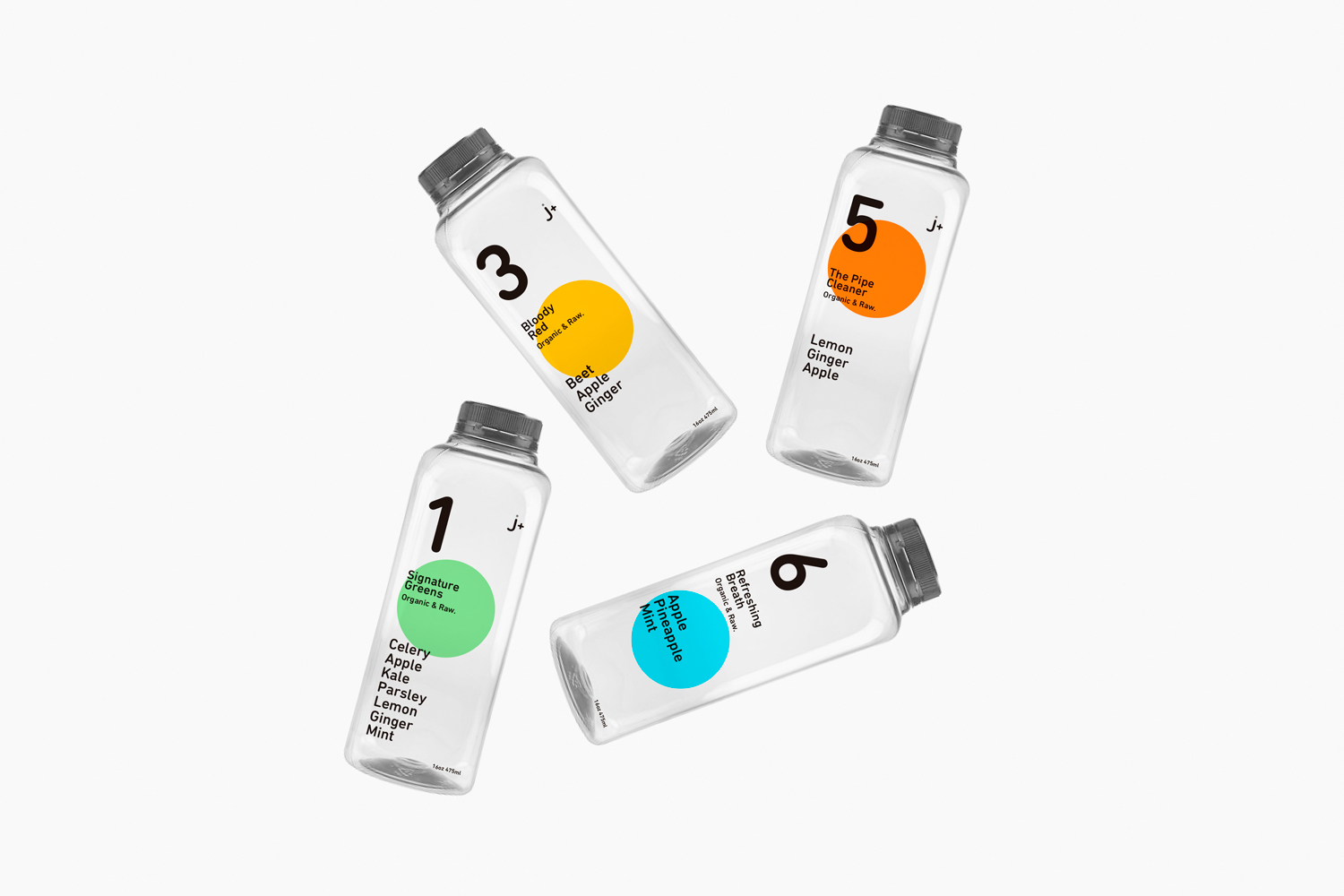 芹菜，蘋果，菠蘿，芹菜，甜菜，檸檬，紫甘藍，生姜，胡蘿卜，薄荷等有機鮮榨果汁飲料瓶型包裝設計。